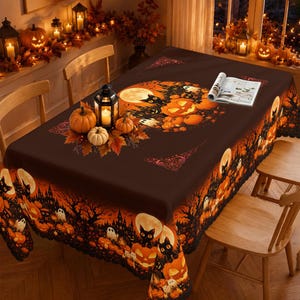 May include: A rectangular brown tablecloth featuring a Halloween-themed print with black cats, orange pumpkins, ghosts, and silhouettes of haunted houses. The design includes autumn leaves and full moons, with an open book resting on the surface.