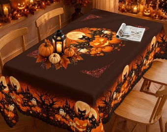 Haunted Harvest Moon Tablecloth, Spooky Black Cat Ghost Pumpkin Decor, Gothic Autumn Party Cover