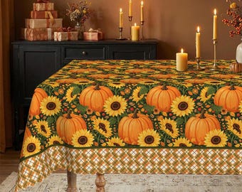 Autumn Harvest Pumpkin and Sunflower Tablecloth with Plaid Border