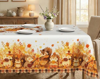 Autumn Squirrel and Hedgehog Plaid Border Tablecloth Fall Leaves Animal Dining Cover
