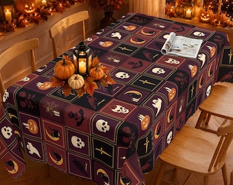 Spooky Patchwork Halloween Tablecloth with Skulls Black Cats and Ravens