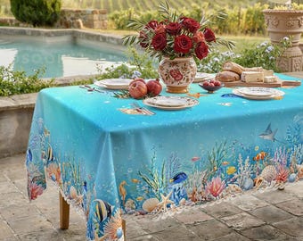 Ocean Reef Tablecloth, Sea Turtle Tropical Fish Beach Party Decor