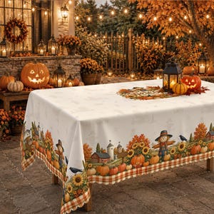 May include: A rectangular white tablecloth featuring a colourful autumn-themed border print with scarecrows, pumpkins, sunflowers, red barns, and black crows. The centre of the cloth displays a decorative graphic with the word Welcome in script.