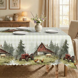 May include: A farmhouse-themed tablecloth with a scalloped edge. The design features a watercolor painting of a red barn, tractors, cows, chickens, and trees. The background is a light green and white checkered pattern.