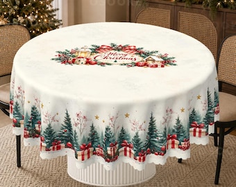 Watercolor Winter Pine Trees Tablecloth, Festive Holiday Dining Decor (Christmas Gifts)