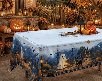 Halloween Tablecloth, Ghost Black Cat Spooky Village, Starry Blue Night Decor