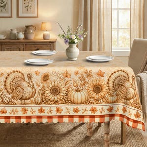 Peut inclure: Une nappe rectangulaire ornée d'un motif automnal répétitif représentant des dindes, des tournesols, des citrouilles et des feuilles d'érable dans des tons orange, marron et crème. Le bord inférieur présente une bordure festonnée à carreaux rouges et blancs.