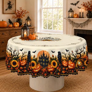 Vintage-style Halloween table linen featuring decorative jack-o'-lanterns, flying bats, and haunted house artwork, displayed on a dining table with natural heirloom pumpkin decor.