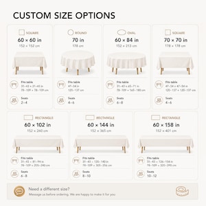 May include: A chart titled CUSTOM SIZE OPTIONS displaying seven white tablecloths in square, round, oval, and rectangular shapes. Each section lists dimensions in inches and centimeters, table fit ranges, and seating capacity from 2 to 12 people.