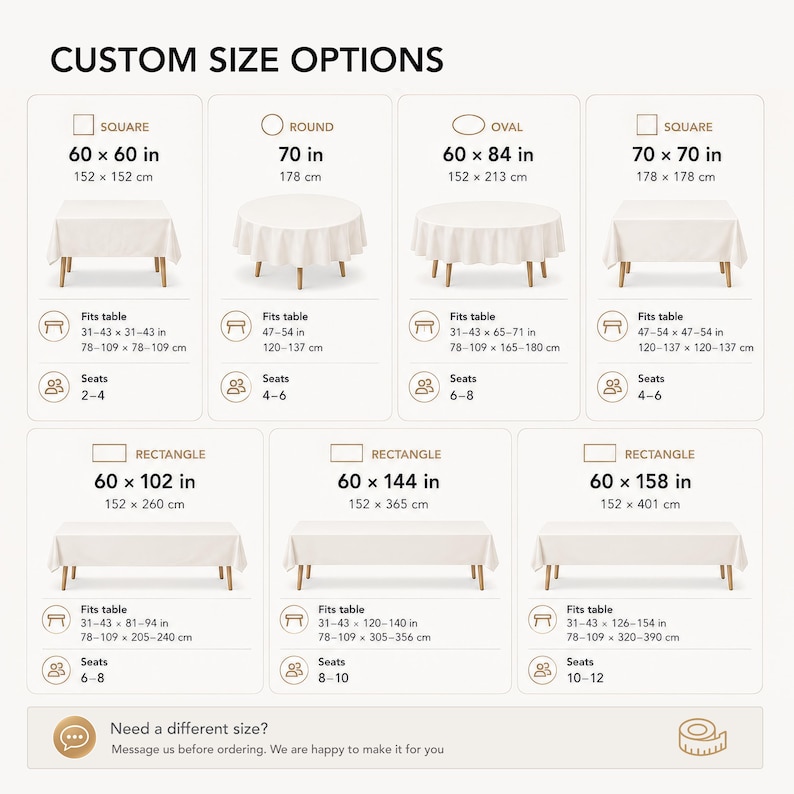 May include: A chart titled CUSTOM SIZE OPTIONS displaying seven white tablecloths in square, round, oval, and rectangular shapes. Each section lists dimensions in inches and centimeters, table fit ranges, and seating capacity from 2 to 12 people.