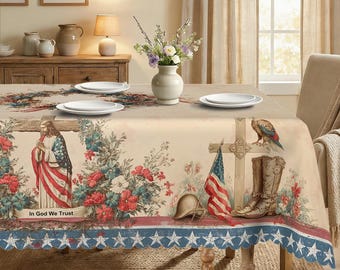 Vintage Patriotic Tablecloth, Praying George Washington, Christian Cross, Independence Day Decor