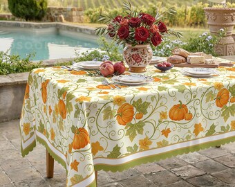 Autumn Pumpkin Vine Tablecloth Fall Harvest Botanical Table Cover Thanksgiving Decor