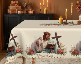Christian Easter Tablecloth, He Has Risen Jesus Lamb Design, Watercolor Spring Table Cover