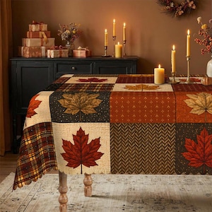 Autumn Maple & Plaid Patchwork Tablecloth | Fall Thanksgiving Harvest Dining Decor | Rustic Vintage Style