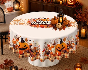 Halloween Jack O Lantern and Black Cat Tablecloth with Plaid Border