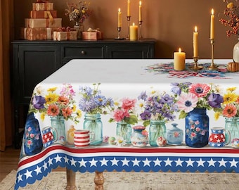 Patriotic Americana Floral Tablecloth | Watercolor Mason Jars, Summer Dining Decor