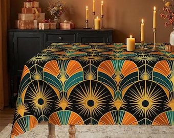 Art Deco Tablecloth, Geometric Sunbursts, Teal Orange Gold Fan Pattern, 1920s Glam Dining Decor