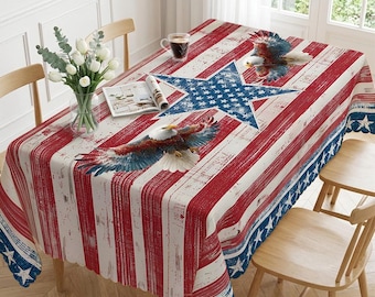 Rustic American Flag Tablecloth, Vintage Bald Eagle Patriotic Decor