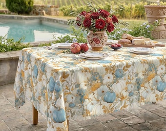 Blue and White Pumpkin Tablecloth, Autumn Harvest Floral Pattern, Coastal Fall Thanksgiving Dining Decor