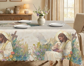 Watercolor Jesus Lamb Easter Tablecloth | Religious Spring Table Cover, Washable Christian Decor
