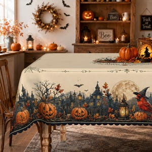 Vintage Cardinal Halloween Tablecloth, Haunted Village Spooky Pumpkin Table Cover