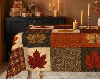 Mantel de patchwork con diseño de arce y cuadros otoñales / Decoración de comedor para la cosecha de Acción de Gracias otoñal / Estilo rústico vintage