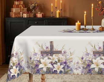 Rustic Cross Tablecloth | Watercolor Lilies, Christian Spring Holiday Decor