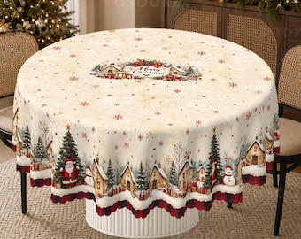Christmas Village Tablecloth Red Buffalo Plaid Border Santa Snowman Table Cover