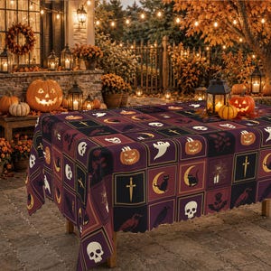 May include: A rectangular tablecloth featuring a grid pattern of dark purple and black squares, each decorated with Halloween-themed icons including white skulls, orange pumpkins, black cats on yellow moons, ghosts, ravens, daggers, and spiderwebs.