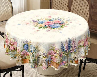 Vintage Watercolor Floral Garden Tablecloth, Shabby Chic Spring Dining Decor