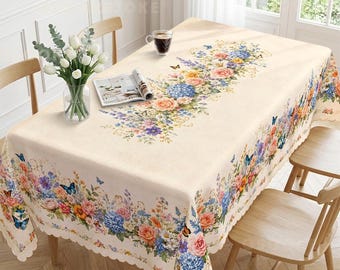 Vintage Floral Garden: Romantic Blue Pink Rose Tablecloth, Shabby Chic  Spring Summer Dining Decor