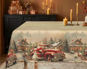 Vintage Red Truck Christmas Tablecloth, Rustic Farmhouse Winter Scene, Santa Snowman Holiday Cover