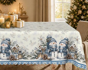 Winter Snowman Tablecloth, Blue Snowflakes, Holiday Dining Decor