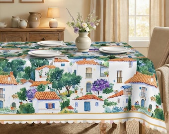 Mediterranean Village Tablecloth, Watercolor Greek Houses, Santorini Style Decor