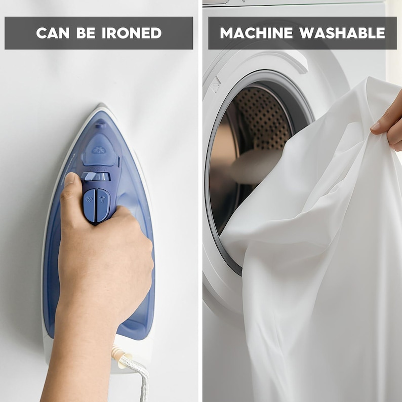 Pu&ograve; includere: Un grafico diviso mostra un ferro da stiro blu e bianco su un tessuto bianco con il testo CAN BE IRONED, e un tessuto bianco inserito in una lavatrice con il testo MACHINE WASHABLE, indicando le istruzioni per la manutenzione.
