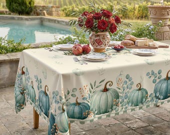 Teal Pumpkin Autumn Tablecloth with Eucalyptus Leaves
