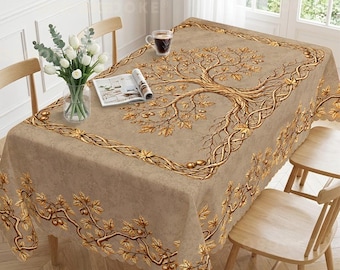 Golden Oak Leaf and Acorn Tablecloth Beige Autumn Woodland Vine Border