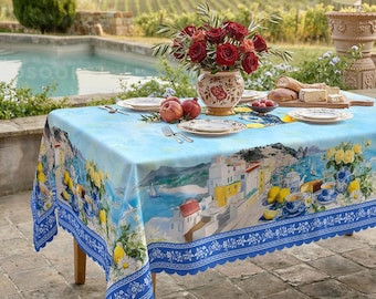 Mediterranean Lemon Tablecloth, Blue Willow Coastal Dining Decor, Spring Floral Print