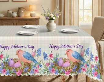 Mother's Day Watercolor Bird Nest Tablecloth, Spring Floral Plaid Dining Decor