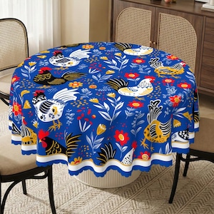 Scandinavian Folk Art Rooster Tablecloth, Blue Nordic Farmhouse Dining Cover, Spring Floral Chicken Decor