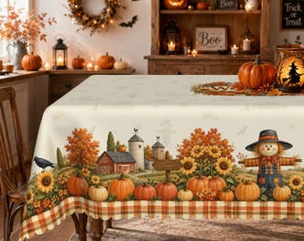 Rustic Autumn Farm Scarecrow Tablecloth with Pumpkin Border