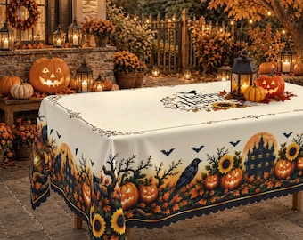 Gothic Halloween Tablecloth, Vintage Pumpkin Crow Sunflower Decor, Haunted Mansion Autumn Cover