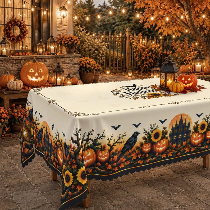 Autumn and Halloween themed rectangular tablecloth decorated with glowing jack-o'-lanterns, bright sunflowers, flying bats, and raven illustrations, displayed on an outdoor garden table with fall evening lights.
