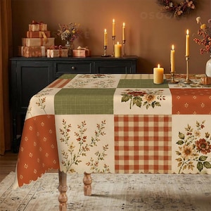 Mantel con estampado floral de patchwork, cuadros búfalo vintage rojos y verdes, decoración otoñal de estilo rústico. imagen 4