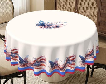 Patriotic Butterfly & Flag Border Tablecloth for Fourth of July, Memorial Day BBQ, Labor Day Picnic, Red White Blue Summer Gathering
