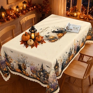 May include: A rectangular cream-colored tablecloth featuring a Halloween-themed print with ghosts, black cats, pumpkins, skeletons, and haunted houses. The text Happy Haunting is printed on the surface, which is decorated with a lantern.