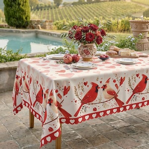 May include: A rectangular tablecloth with a white background and a repeating pattern of red hearts and cardinal birds perched on branches. The tablecloth is set on a wooden table with a floral arrangement and dining ware.