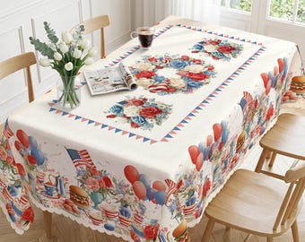 4th of July Tablecloth Patriotic Floral Wreath - Vintage Americana Summer BBQ Picnic Decor