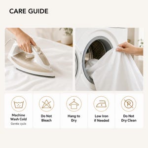 May include: A care guide infographic featuring a white iron on fabric and a white washing machine. Five circular icons display instructions: Machine Wash Cold, Do Not Bleach, Hang to Dry, Low Iron if Needed, and Do Not Dry Clean with text.
