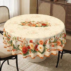 Puede incluir: Un mantel redondo de color crema con un patrón repetitivo de crisantemos blancos y naranjas, hojas verdes y teteras blancas. El borde está decorado con un acabado festoneado y un estampado detallado de flores y tazas de té.